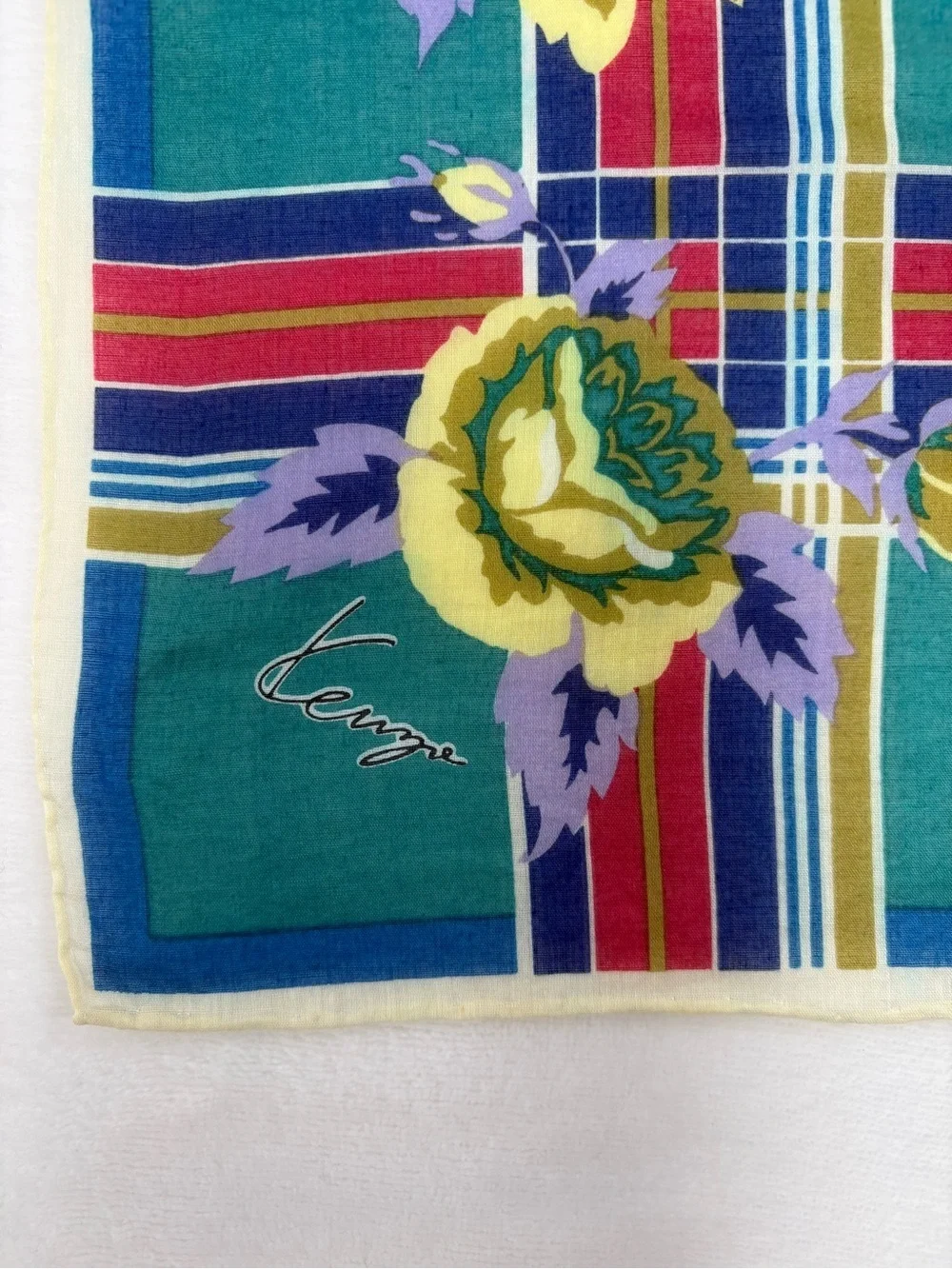Vintage Kenzo Tokyo Cotton Scarf Plaid Teal Yellow Floral 28” Japan